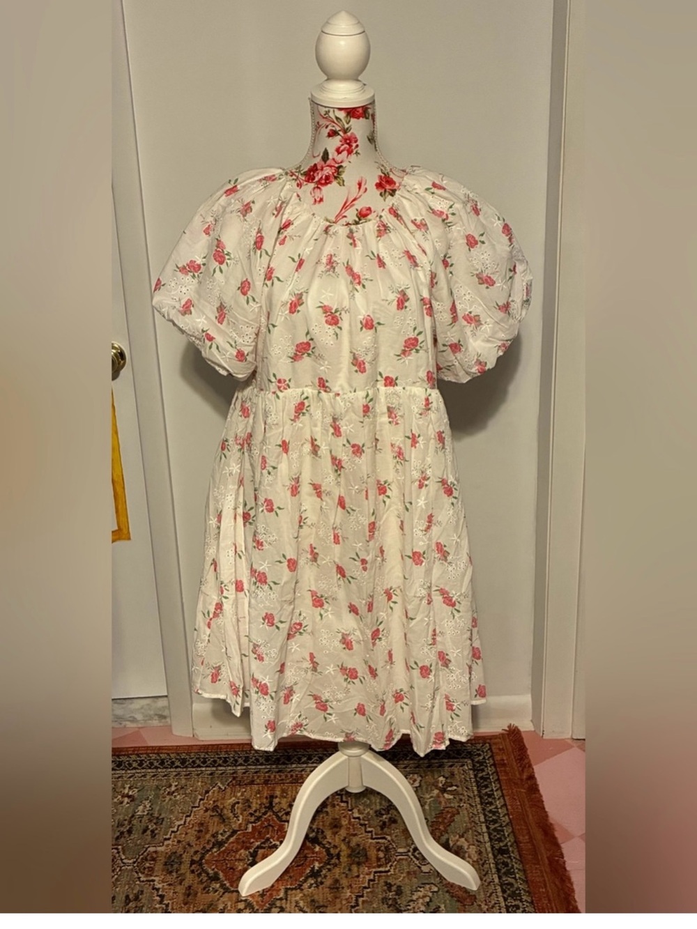 English Factory White Mini Dress with Pink Floral Eyelet
